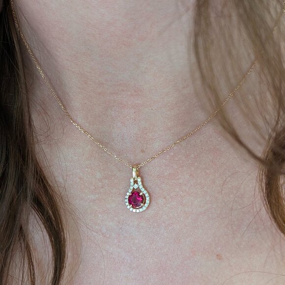 Rubellite Tourmaline Pendant in Solid 14K Gold with Natural Diamond Accents - Picture 4 of 11